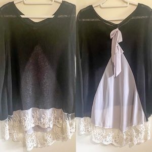 Thin Black Sweater, Lace Trim, Blousy Back with Bows, Black/Grey/Cream, 2XL